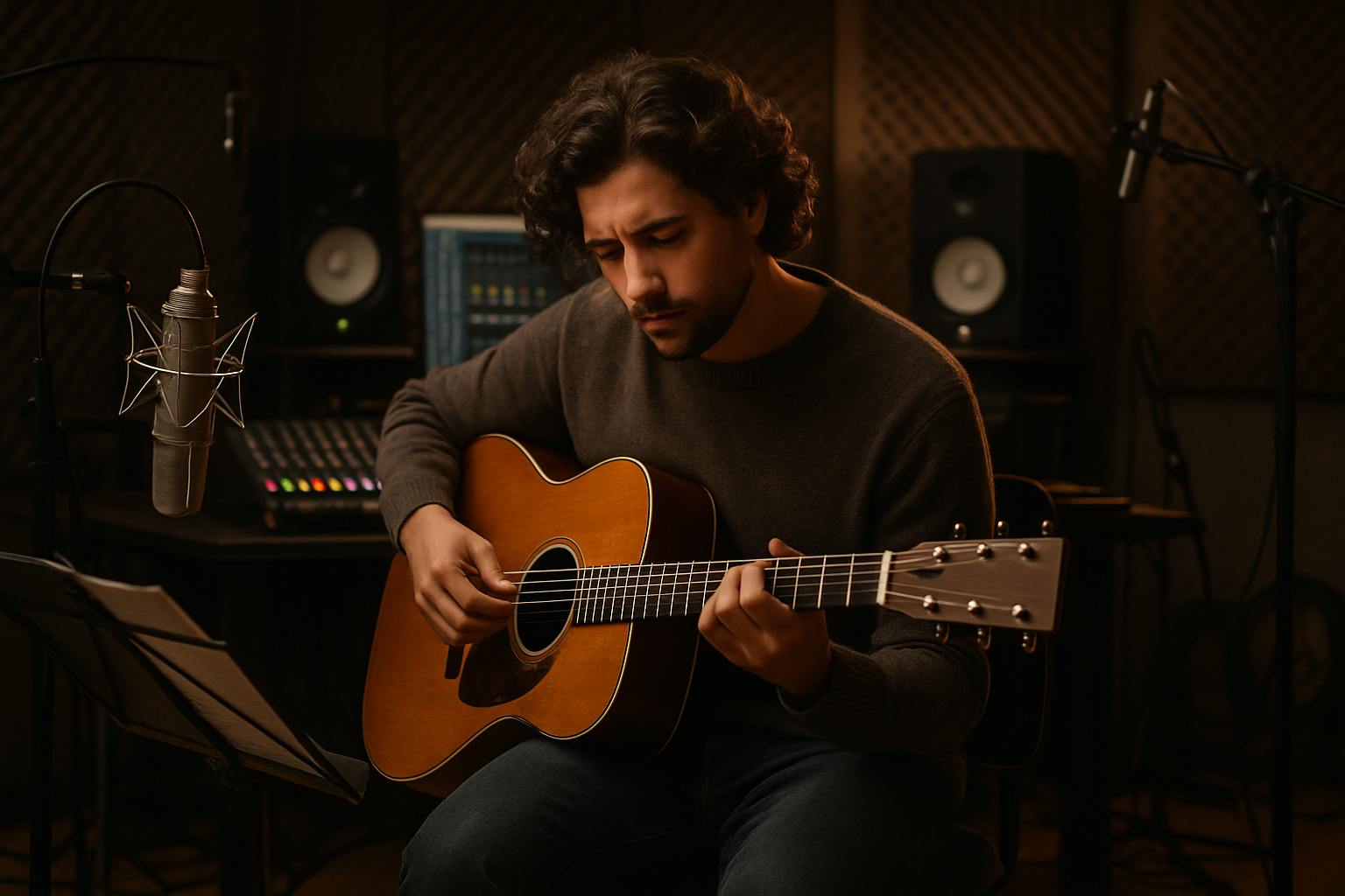 artist playing guitar in recoridng studio