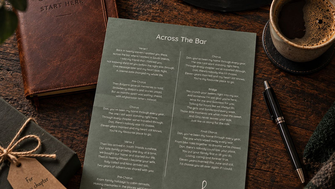 A personalised song lyric sheet on a desk beside a leather notebook, a vinyl record and a coffee