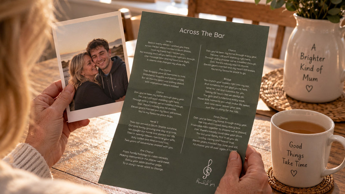 A mum holding a photo of her son next to the lyric sheet of the personalised song he had written for her
