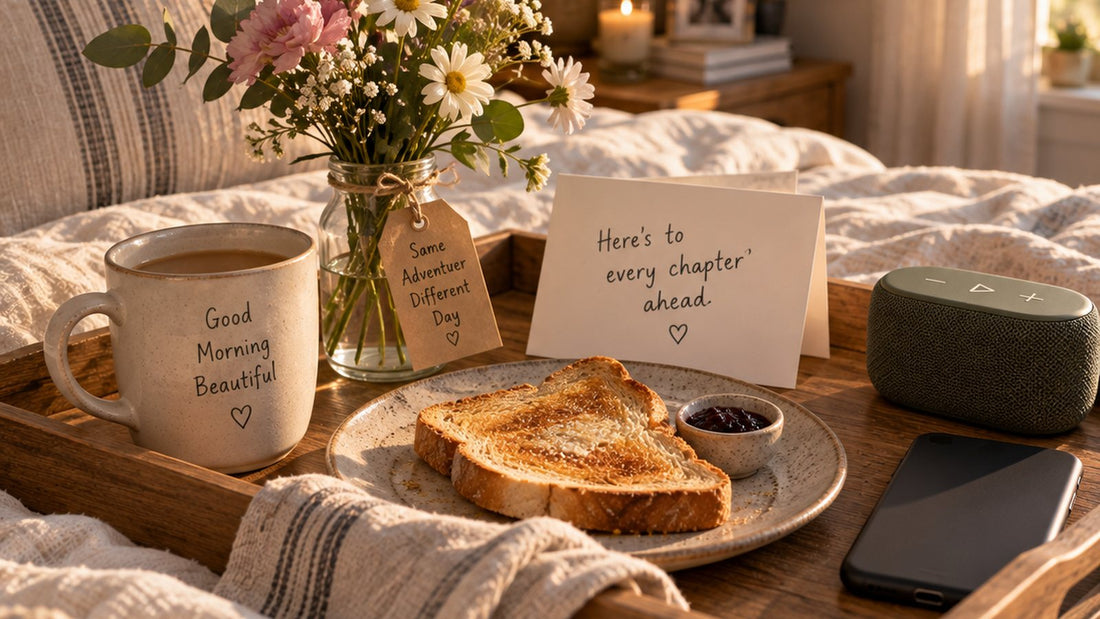 A Mother's Day breakfast tray with flowers, tea, toast and a card reading Here's to every chapter ahead