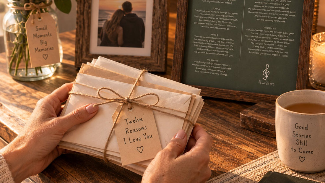 Hands holding a bundle of handwritten letters tied with string, with a framed personalised song lyric sheet behind