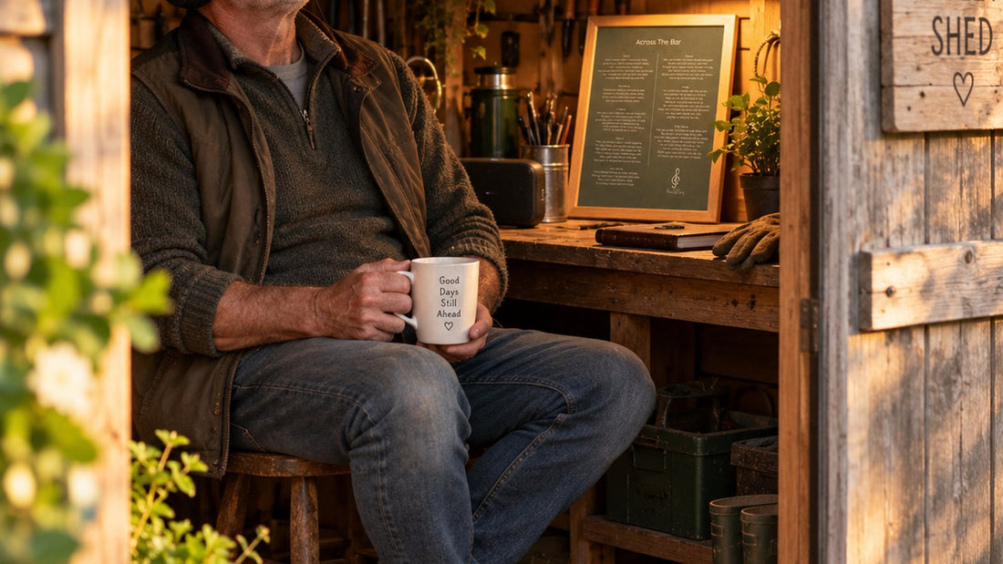 A dad in headphones smiling in his garden shed while the personalised song written about him plays