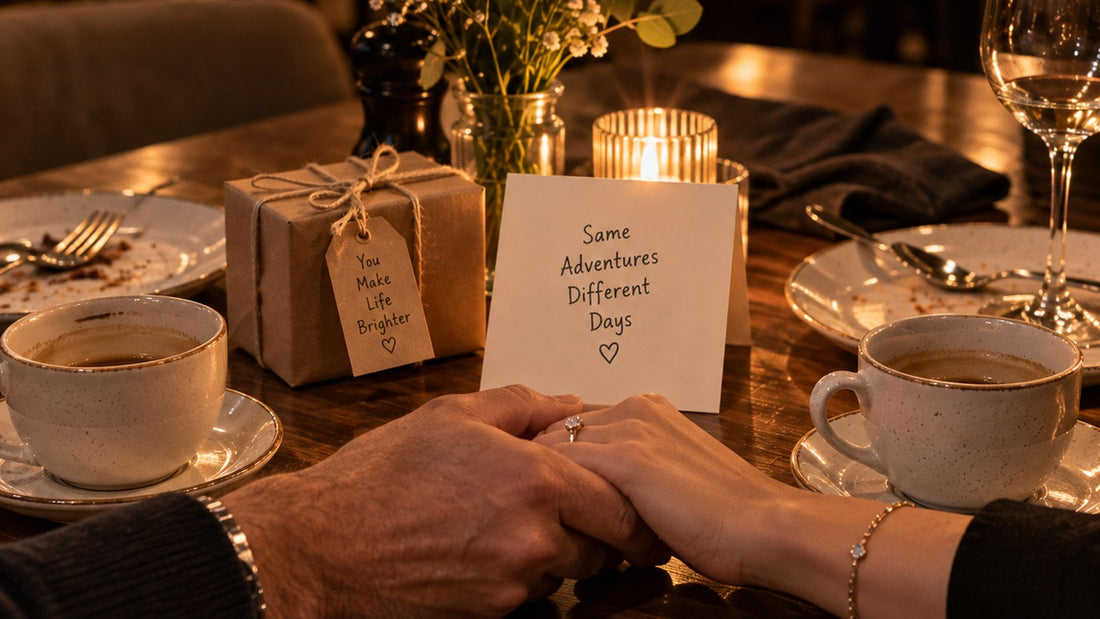 A couple holding hands across a restaurant table beside a small wrapped gift and an anniversary card