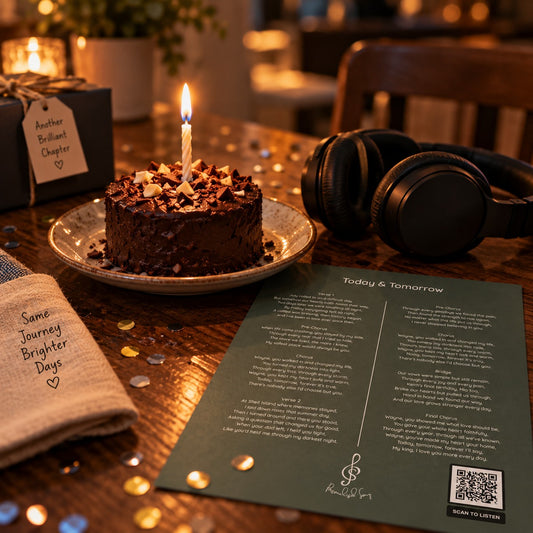 Personalised birthday song lyric sheet beside a chocolate cake with one candle and headphones