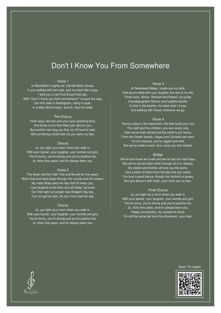 Example personalised song lyric sheet in a frame, included free with every song